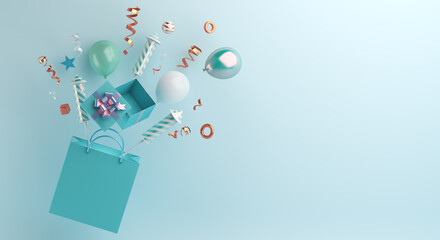 Happy new year 2021 sale banner background with shopping bag, gift box, balloon, firework rocket, ribbon, 3D rendering illustration