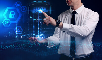Business, Technology, Internet and network concept. Young businessman working on a virtual screen...