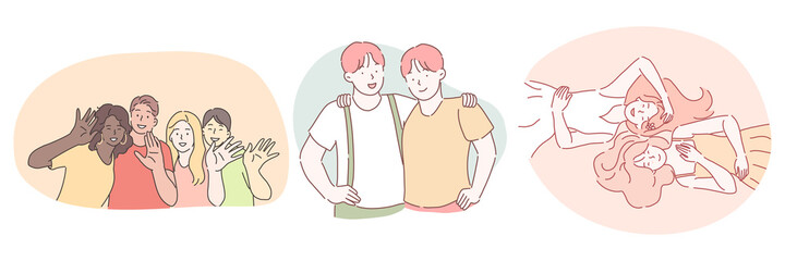 Friendship, mixed race international friends company concept. Young people friends boys and girls teens cartoon characters of different races enjoying friendship and spending time together 