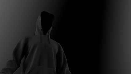 Naklejka na ściany i meble Anonimous hacker in shadow under spot lighting background. Dangorous criminal concept image. 3D CG. 3D illustration. 3D high quality rendering.