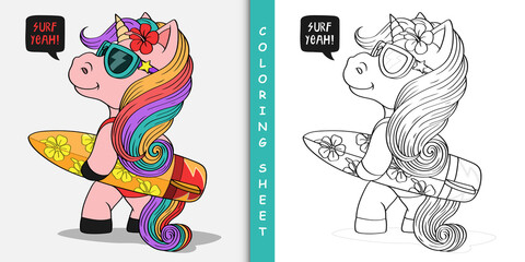Cartoon unicorn with surfboard, Coloring sheet