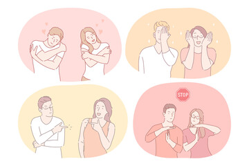 Couple expressing different emotions and signs with hands concept. Young couple cartoon characters showing embracing, care, stop sign, covering face and eyes with hands, pointing at each other 