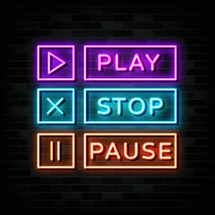 Button game set neon signs vector. Design template neon style