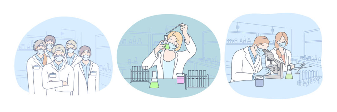 Coronavirus medical research and virus analysis in lab. People scientists in protective medical masks making scientific experiment and investigating microbiology of virus molecules in laboratory