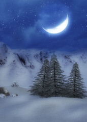 3d Moonlit winter mountain landscape