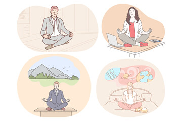 Meditation, relaxation, reaching harmony during working day and before sleep concept. Young men and women meditating and practicing yoga relaxation in lotus position in office and at home in bed