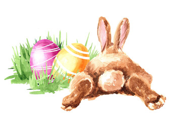 Colored Easter eggs in the green grass and rabbit. Hand drawn watercolor illustration isolated on white background