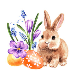 Colored Easter eggs in the green grass, spring flowers and little rabbit, Hand drawn watercolor illustration isolated on white background