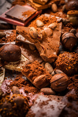 Variation of chocolate and candy with cocoa and cocoa beans as background