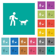Dog walking square flat multi colored icons