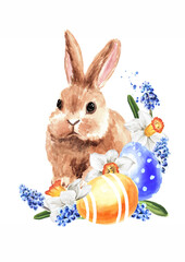 Happy Easter card, wreath with colored eggs, rabbit and spring flowers. Hand drawn watercolor illustration isolated on white background