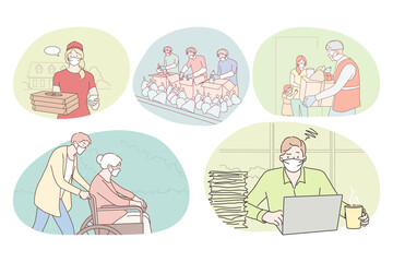People of different professions working during coronavirus pandemic. People professional deliverymen, packers, office worker, sitter with disabled in medical protective mask working during epidemic 