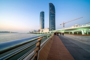 Night view of modern buildings of Xiamen beach during night, Fujian, China