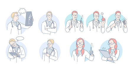 Medicare, healthcare, doctors and therapist during work concept. Professional doctors men and women cartoon characters in white medical uniform making examination and treatment procedures during work