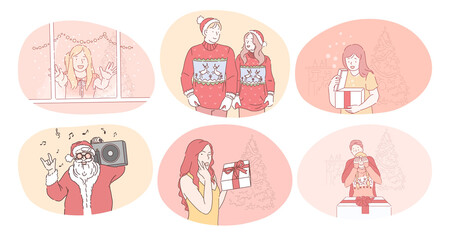 Christmas, New year, Winter holidays celebration concept. Happy people and children cartoon characters in festive Santa costumes celebrating Christmas and New Year and getting presents 