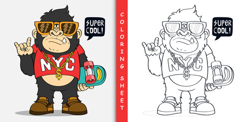 Cartoon gorilla with skateboard, Coloring sheet for stay home activity