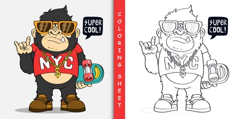 Fotobehang Cartoon gorilla with skateboard, Coloring sheet for stay home activity © kancut
