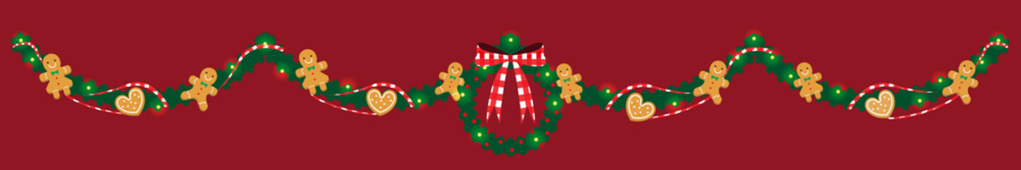 illustration vector flat cartoon of gingerbread man and woman on garland and wreath on merry christmas decoration concept © unturtle