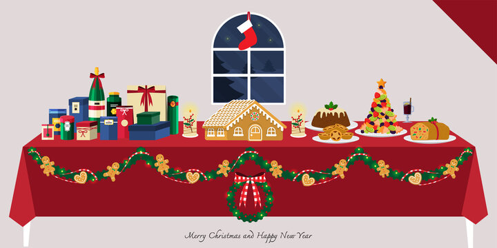 Illustration vector flat cartoon of mince pie, gingerbread house, fruit cake on Dinner table setting with pile of gifts or presents boxes on happy new year or merry christmas eve party