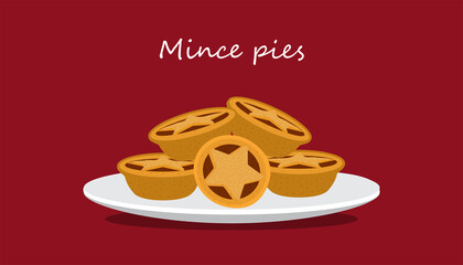 illustration of mince pie food on plate isolated on red background © unturtle