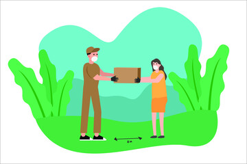 Delivery vector concept: Male courier in face mask giving the package to receiver while wearing gloves and keeping social distance