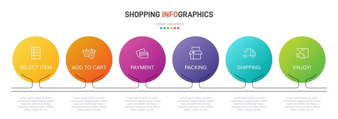 Concept of shopping process with 6 successive steps. Six colorful graphic elements. Timeline design for brochure, presentation, web site. Infographic design layout.