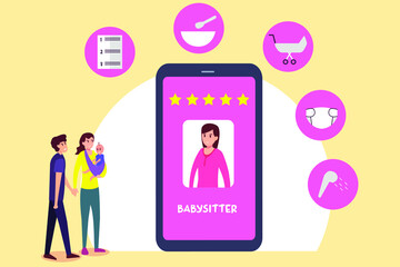 Babysitting application vector concept: Young parents with babysitting application on smartphone