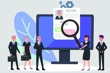 Searching new job vector concept: Young businesswoman rejects old people to be candidates while using magnifying glass on monitor