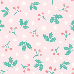 Christmas holly and berry pattern design background. Cute festive vector seamless repeat hand drawn illustration with star shapes.
