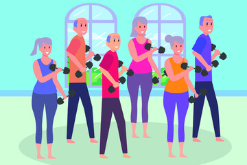Fototapeta premium Active Senior People vector concept: Group of people doing workout together while using dumbbell in fitness center