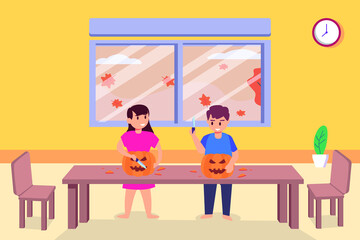 Carving pumpkin vector concept: Little boy and girl carving pumpkin together while using knife