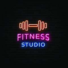 Fitness studio neon signs vector. Design template neon style