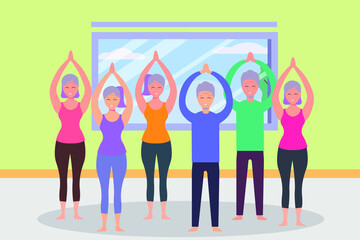 Active Senior People vector concept: Group of old people doing workout together with yoga pose in fitness center