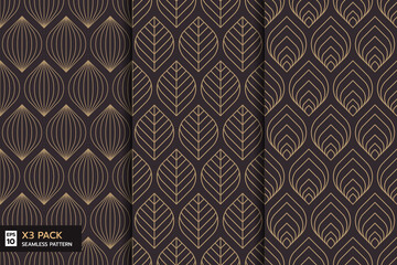 set of  ornate leaves line  seamless pattern on brown background