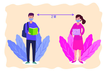 New Normal vector concept: Students in face mask standing with social distance while reading book and using laptop computer