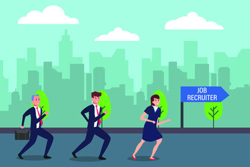 Race in work vector concept: Senior man competing with young worker by running on the road toward job recruiter