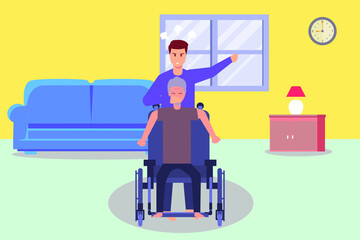 Elder Abuse vector concept: Young man covering mouth of old man with his hand while sitting on the wheelchair