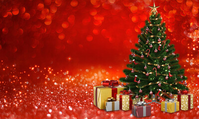 Christmas tree with gifts presents in the empty light bokeh blurred background. 3D rendering