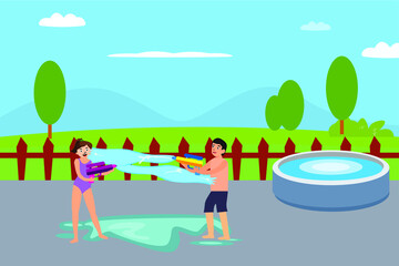 Leisure time vector concept: Cheerful children playing water gun together while enjoying leisure time at the backyard