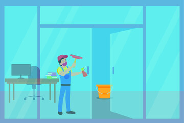 Janitor vector concept: Cleaning service wearing face mask while cleaning the door glass with a wiper in the office during corona virus pandemic