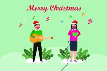 Christmas vector concept: Young couple in face mask singing christmas carol together while playing guitar during corona virus pandemic