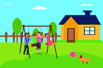 Leisure time vector concept: Children and young parents playing swing together in the backyard while enjoying leisure time