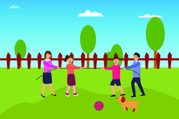 Leisure time vector concept: Happy family playing tug of war together while enjoying leisure time in the backyard