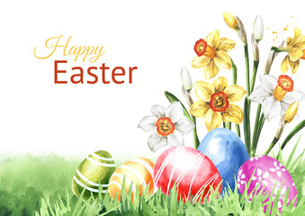 Colored Easter eggs in the green grass and spring flowers. Hand drawn watercolor illustration, isolated on white background