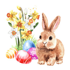 Colored Easter eggs in the green grass, spring flowers and little rabbit. Hand drawn watercolor illustration isolated on white background
