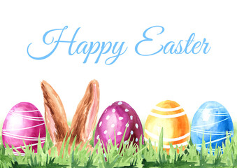 Easter Concept card, Colored eggs in the green grass, rabbit and copy space. Hand drawn watercolor illustration