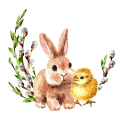 Wreath with spring flowers, little yellow chick and cute rabbit, Hand drawn watercolor illustration isolated on white background