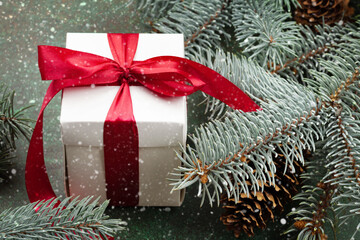 Fototapeta na wymiar Christmas card with fir tree and gift box