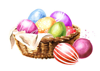 Basket with colored Easter eggs. Hand drawn watercolor illustration, isolated on white background
