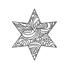 Coloring pages for adults and children. A hand-drawn six-pointed star with an ethnic abstract pattern. Doodle anti-stress for children and adults .